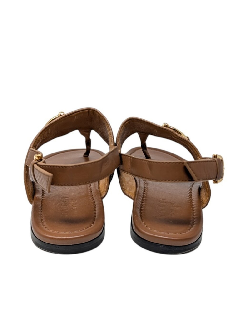 Gucci Alfa Brown Leather Canvas Thong Slingback Sandal Gold Horsebit Size EU 39 - Picture 8 of 10